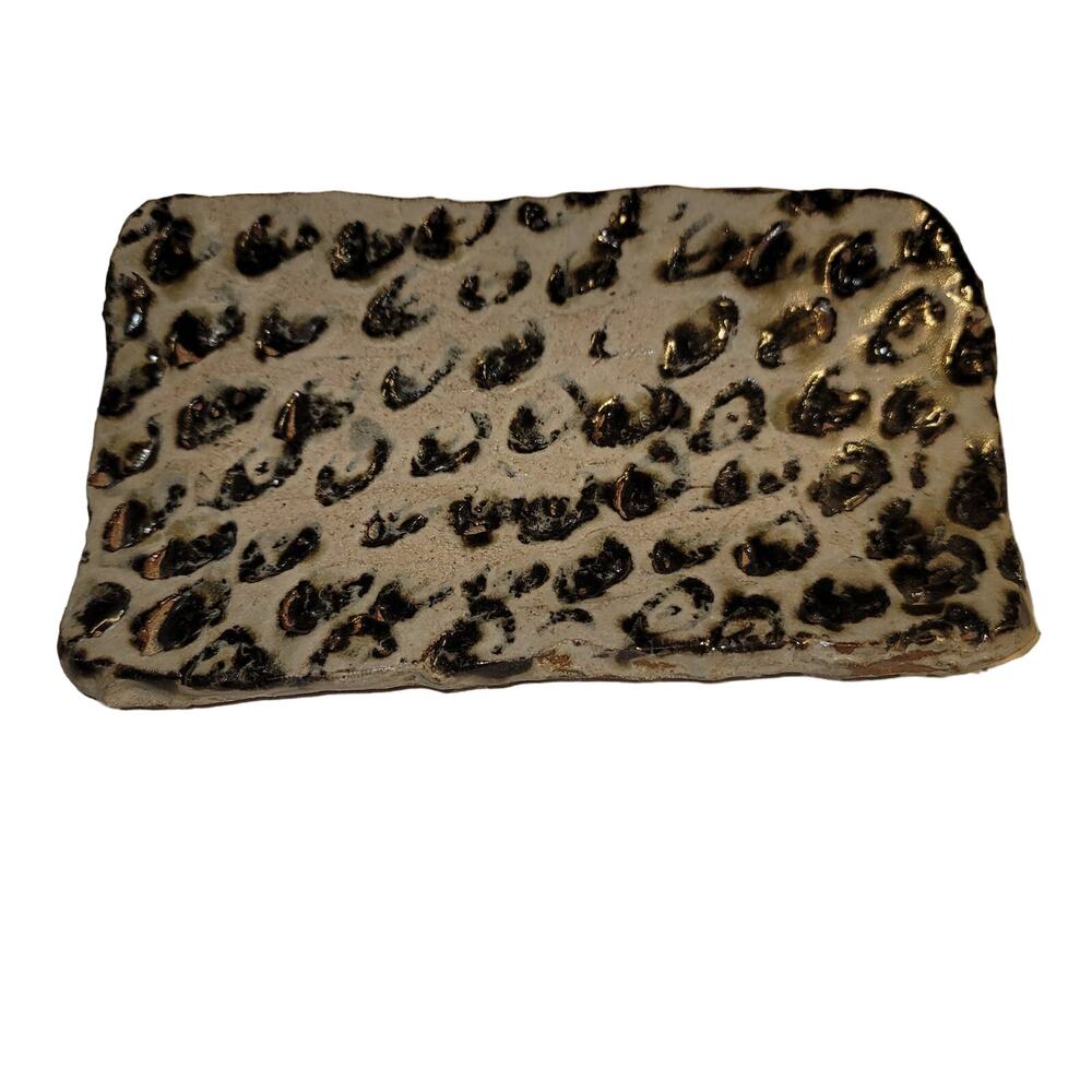 Art pottery tray Leopard footed candle holder Oblong Textured Jewelry Stamped MH